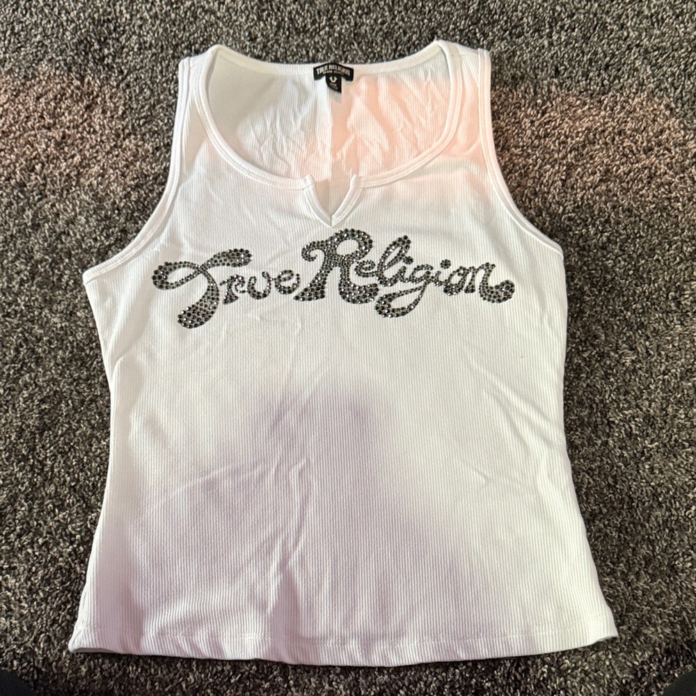 True Religion White Tank Top with Black Logo